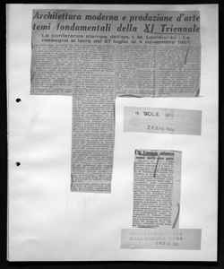 Architettura moderna e produzione d'arte, temi fondamentali della XI Triennale - La conferenza stampa dell'on. I. M. lombardo - La rassegna si terrà dal 27 luglio al 4 novembre 1957., sta in IL SOLE - quotidiano