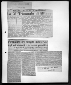 L'influenza del disegno industriale sugli orientamenti e la tecnica produttiva - La Mostra della XI Triennale tenderà a dimostrare la fondamentale importanza dello studio delle forme in relazione alle caratteristiche ed alle prestazioni dei prodotti e delle macchine, sta in IL SOLE - quotidiano