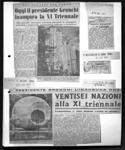 NEL PALAZZO DEL PARCO - Oggi il presidente Gronchi inaugura la XI Triennale - Alla grande rassegna saranno presenti le maggiori autorità e numerose personalità italiane e straniere, sta in IL POPOLO DI MILANO - quotidiano