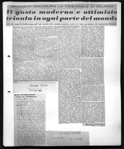 GRONCHI INAUGURA LA TRIENNALE DI MILANO - Il gusto moderno e ottimista trionfa in ogni parte del mondo - A chi ama la bella casa, gli agi gradevoli, questa mostra può apparire un teatro di inalterata felicità, sta in STAMPA - quotidiano