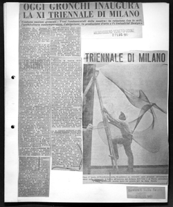 OGGI GRONCHI INAUGURA LA XI TRIENNALE DI MILANO - Ventuno nazioni presenti - Temi fondamentali della mostra: la relazione fra le arti, l'architettura contemporanea, l'abitazione, la produzione d'arte e l'<<Industrial Design>>, sta in MESSAGGERO VENETO - quotidiano