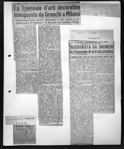 La Triennale d'arti decorative inaugurata da Gronchi a Milano - Comprende otto mostre illustranti i vari settori e vi partecipano 27 Nazioni - Il discorso del minstro Togni, sta in IL NUOVO CITTADINO - Quotidiano