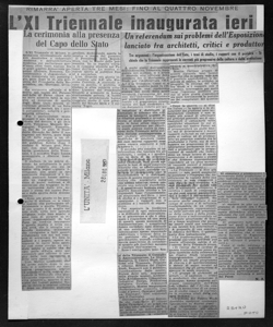 RIMARRA' APERTA TRE MESI: FINO AL QUATTRO NOVEMBRE - L'XI Triennale inaugurata ieri - Un referendum sui problemi dell'Esposizione lanciato fra architetti, critici e produttori - Tre argomenti: l'organizzazione dell'Ente, i temi di studio, i rapporti con il pubblico - Si chiede che la Triennale rappresenti le correnti più progressive della cultura e della produzione, sta in L'UNITA' - Quotidiano