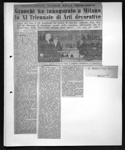 FESTOSAMENTE ACCOLTO DALLA POPOLAZIONE - Gronchi ha inaugurato a Milano la XI Triennale di Arti decorative - Dopo che l'on. I. M. Lombardo ha tenuto il discorso ufficiale, l'on. Togni ha illustrato il significato sociale della rassegna, affermando che il programma della democrazia italiana deve essere: <<La casa per tutti>>, sta in IL GAZZETTINO - Quotidiano