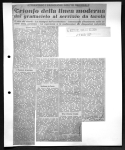 ATTRAVERSO I PADIGLIONI DELL'XI TRIENNALE - Trionfo della linea moderna dal grattacielo al servizio da tavola - Il vizio dei ritardi - La rassegna dell'architettura - Interessante allestimento nella sezione della ceramica - Le esperienze e le realizzazioni dei disegnatori industriali, sta in IL RESTO DEL CARLINO - quotidiano