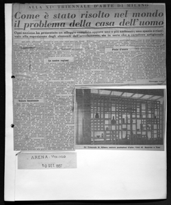 ALLA XI TRIENNALE D'ARTE DI MILANO - Come è stato risolto nel mondo il problema della casa dell'uomo - Ogni nazione ha presentato un alloggio completo oppure uno o più ambienti; uno spazio è riservato alla esposizione degli elementi dell'arredamento, sia in serie che a carattere artigianale, sta in L'ARENA - quotidiano