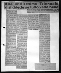 Alla undicesima Triennale ci si chiede se tutto vada bene - Troppe le critiche ad una disorganizzazione che non ci fa certo onore, di fronte alla perfetta efficienza degli espositori, stranieri per ritenere urgente che si proceda a porvi seriamente riparo, sta in LA NUOVA IDEA MONARCHICA - periodico