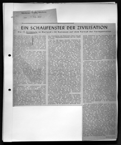 EIN SCHAUFENSTER DER ZIVILISATION - Die 11. Triennale in Mailand - 20 Nationen auf dem Parnaß der Formgestalter, sta in NÜRNBERGER ZEITUNG. - quotidiano