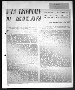 A LA TRIENNALE DE MILAN - HEUREUSE CORRELATION entre LES DECORATIFS ET LES ARTS INDUSTRIELS, sta in REVUE de L'AMEUBLEMENT ed des  INDUSTRIES du BOIS - periodico