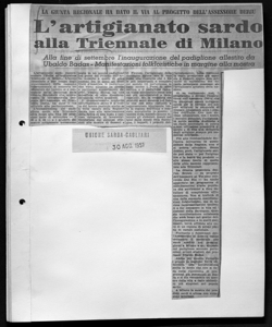 L'artigianato sardo alla Triennale di Milano - Alla fine di settembre l'inaugurazione del padiglione allestito da Ubaldo Badas - Manifestazioni folkloristiche in margine alla mostra, sta in UNIONE SARDA - quotidiano