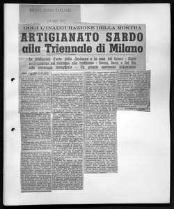 OGGI L'INAUGURAZIONE DELLA MOSTRA - ARTIGIANATO SARDO alla Triennale di Milano - Le produzionei d'arte della Sardegna  e la casa del futuro - Gusto modernissimo nel richiamo alla tradizione - Brotzu, Deriu e Del Rio alla cerimonia inaugurale - Un grande spettacolo folkloristico, sta in UNIONE SARDA - quotidiano