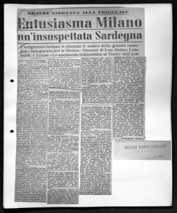 GRANDE GIORNATA ALLA TRIENNALE - Entusiasma Milano uninsospettata Sardegna - L'artigianato isolano è ritenuto il centro della grande rassegna - Inaugurata ieri la Mostra - Discorsi di Ivan Matteo Lombardo e Brotzu - Lo spettacolo folkloristico al Teatro dell'Arte, sta in UNIONE SARDA - quotidiano