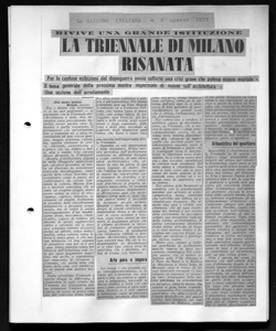 RIVIVE UNA GRANDE ISTITUZIONE - LA TRIENNALE DI MILANO RISANATA - Per le confuse esibizioni del dopoguerra aveva sofferto una crisi grave che poteva essere mortale - il tema generale della prossima mostra imperniato di nuovo sull'architettura - Una sezione dell'arredamento, sta in LA NAZIONE ITALIANA - quotidiano