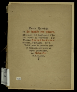 Vallée des pleurs : chronique des souffrances d'Israel depuis sa dispersion jusqu'à nos jours / par Joseph Ha-Cohen ; publié pour la première fois en francais avec notes et textes historiques par Julien See