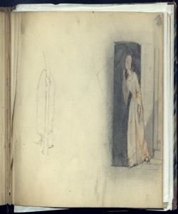 Abbozzo di un particolare architettonico e figuretta femminile alla porta Bianchi, Mosè
