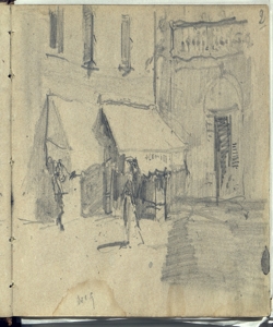 Veduta di piazzetta urbana con macchiette Bianchi, Mosè