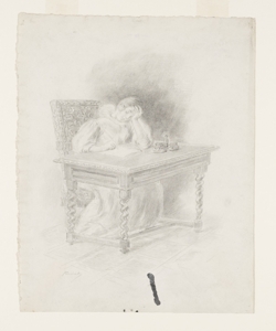 Illustrazione per i Promessi Sposi. And¿ a un tavolino, riprese quella pen Previati, Gaetano