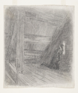 Illustrazione per i Promessi Sposi. Sal¿ in soffitta; da un pertugio, guar Previati, Gaetano