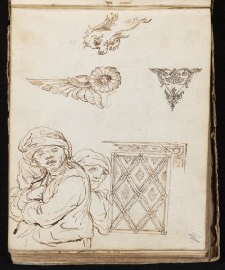 Due figure maschili, particolari decorativi e testa di un animale fantasti Macinata, Giuseppe