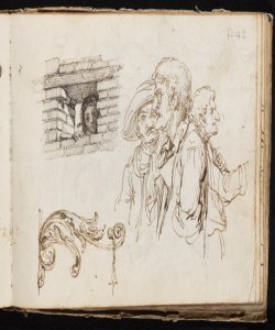 Tre figure maschili, donna affacciata ad una feritoia e particolare decora Macinata, Giuseppe