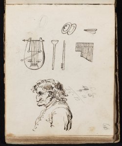 Profilo maschile a mezzo busto e strumenti musicali Macinata, Giuseppe