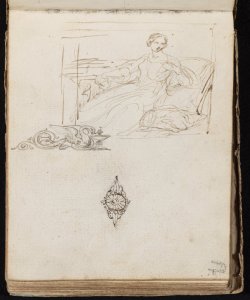 Figuretta femminile seduta e due motivi decorativi Macinata, Giuseppe