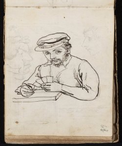 Uomo a mezzo busto in atto di giuocare a carte e due profili maschili Macinata, Giuseppe