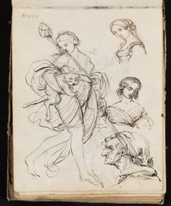Figuretta femminile reggente un satiretto, due fanciulle a mezzo busto e p Macinata, Giuseppe