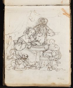 Due sposi con bambini e un cagnolino intorno a un tavolo Macinata, Giuseppe
