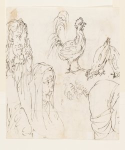 Coppia di vecchi che osservano una figura in posa scurrile; Un gallo e due Bonomini, Paolo Vincenzo
