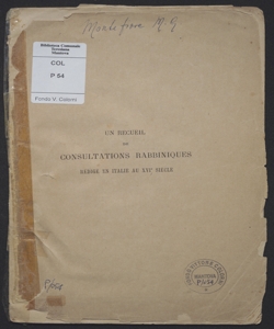 Un recueil de consultations rabbiniques rédigé en Italie au 16. siècle / par Mosè Giacomo Montefiore