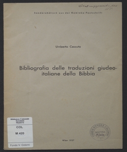 Bibliografia delle traduzioni giudeo-italiane della Bibbia / Umberto Cassuto